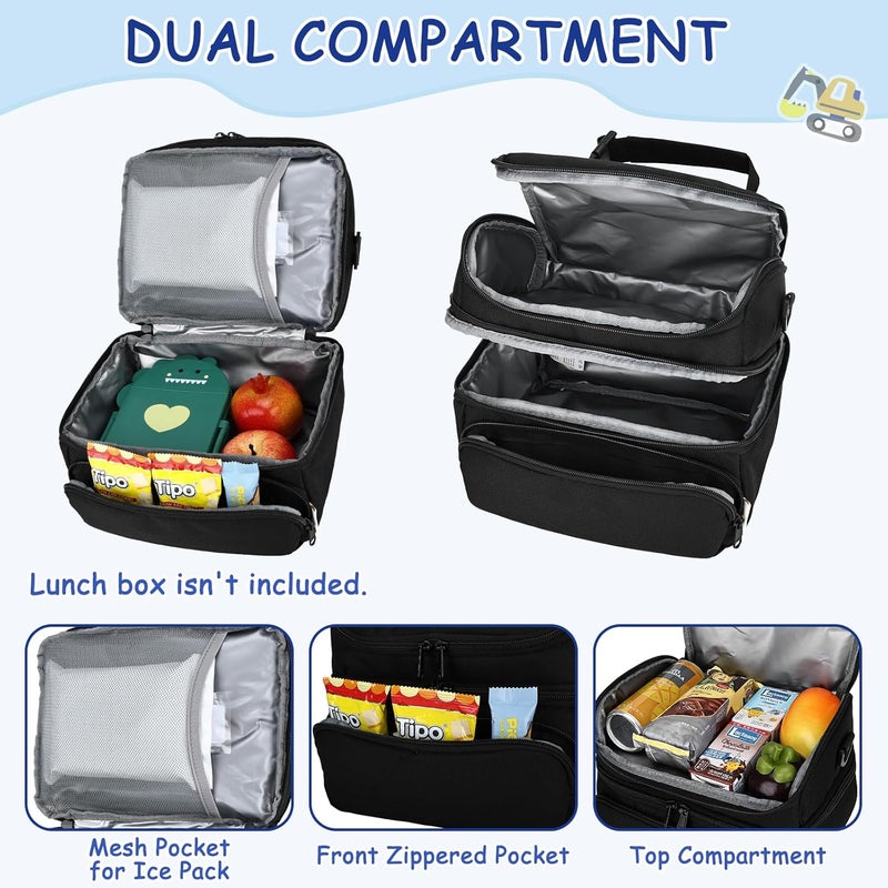 Kasqo Lunch Bag Kids, Dual Compartment Insulated Cooler Bag 7.5L Girls Boys Toddler Lunch Box Containers for Daycare School Kindergarten Travel Black - Image 3